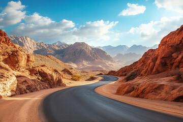 Empty road winding through desert landscape reflected in stock photo