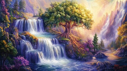 Obraz premium Majestic Waterfall, Ancient Tree, Mountain Valley, Sunrise, Fantasy Art