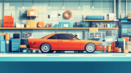 Orange car in a well-organized garage, tools and supplies