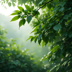 green leaves background.Fresh Dew-Kissed Leaves in Morning Sunlight.A close-up view of lush green leaves glistening with morning dew.