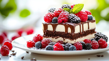 Piece of Cake, Close-Up, Exquisite Dessert with Fresh Colorful Berries