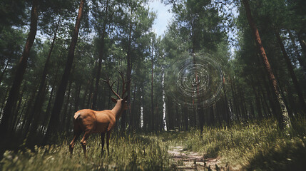 An AI powered wildlife tracking system monitoring animal movements and behaviors in real time for conservation efforts, Environmental technology style, photo of