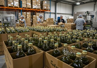 Olive Oil Bottling Factory Workers, Bottles, Boxes, Manufacturing, Production Line.
