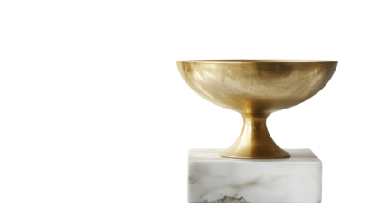 A classic gold trophy cup with a wide, bowl-shaped top and simple, timeless design, resting on a marble-textured base, symbolizing excellence,
