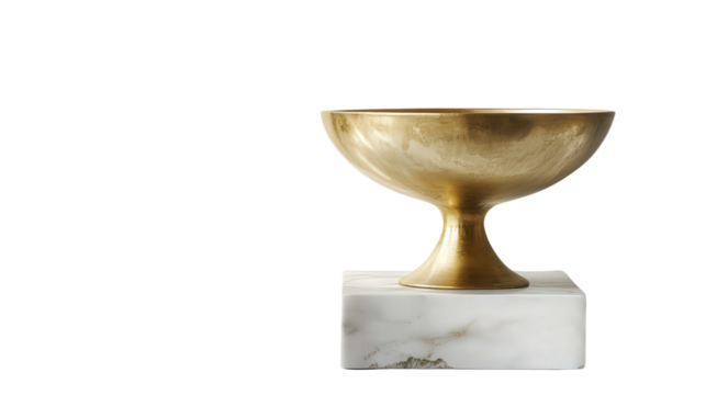A classic gold trophy cup with a wide, bowl-shaped top and simple, timeless design, resting on a marble-textured base, symbolizing excellence,