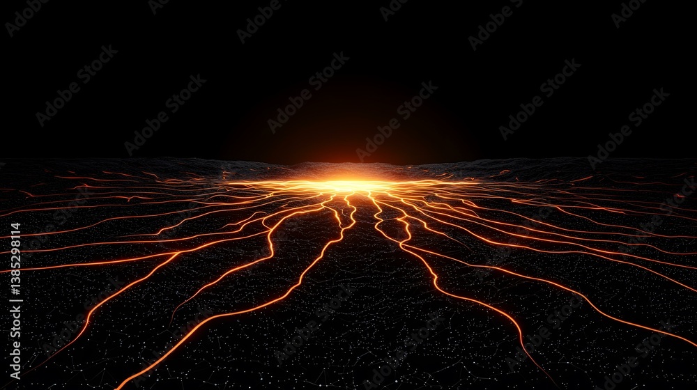 Wall mural a dark, textured landscape is illuminated by bright orange, glowing lines emanating from a central p