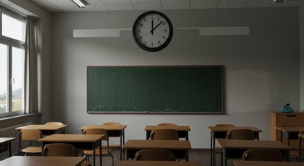 Classroom scene depicting learning disruption with a clock lacking hands