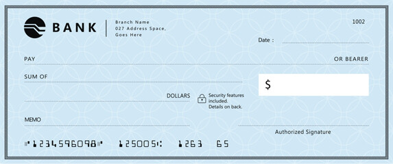 Blue Bank check, vector blank money cheque, checkbook template with guilloche pattern and fields. Currency payment coupon, money check background	