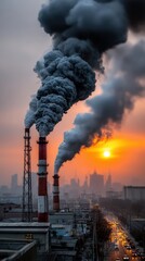 Industrial smokestacks emitting black smoke at dusk urban landscape photography