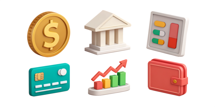 3D Financial Icons Set – Banking, Wallet, Coins, and Credit Card PNG on Transparent Background