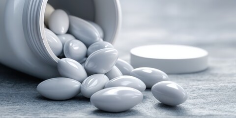 Brightly lit view of smooth white oval pills spilling from white plastic medicine bottle, scattered across textured grey plane, detached white cap, pharmaceutical healthcare topic.