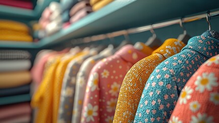 Colorful sweaters on hangers in a closet