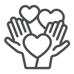 Human palm hands and hearts line icon, charity concept. Vector graphics. Love sharing, likeness sign on white background, outline style icon for mobile or web design.