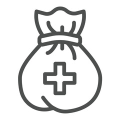 Bag and medical cross line icon, charity concept. Vector graphics. Sack with cross, donation sign on white background, outline style icon for mobile or web design.