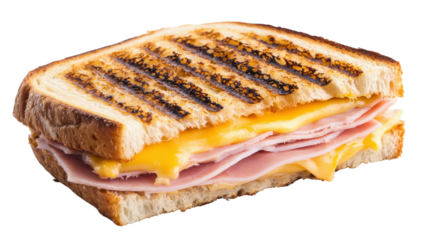 A close-up of a grilled ham and cheese sandwich, toasted bread with visible grill marks, gooey cheese stretching between layers, isolated on a bright white background, mouthwatering and sharp focus