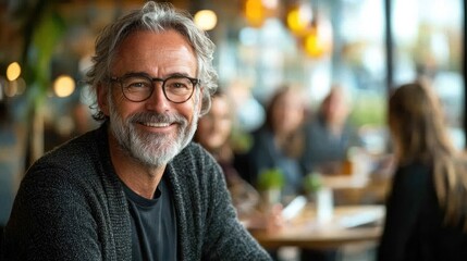Fototapeta premium Smiling senior man in cafe, blurred background