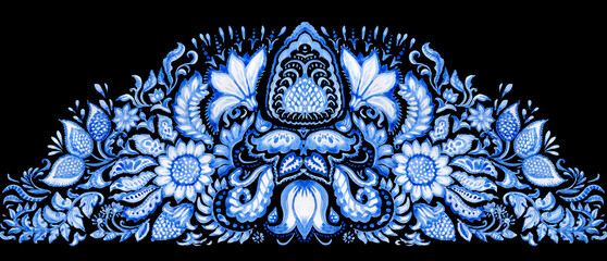 Seamless border of hand drawn watercolor painted blue floral pattern on a black background