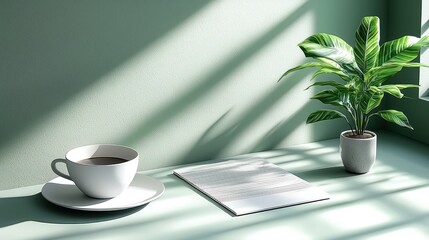 Coffee, Plant, and Documents on Desk in Sunlit Room, Interior Design Mockup
