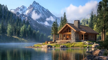 Naklejka premium Mountain lake cabin sunrise serenity escape