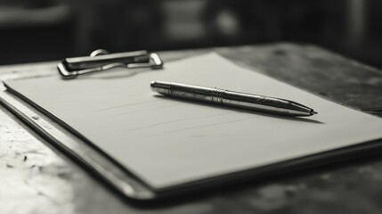 A clipboard with a blank sheet of paper rests on a wooden desk