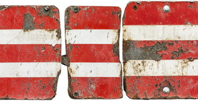 A close-up of a set of weathered no entry road signs with white bars, cut out on a white background, showcasing the aged look and fading of the red and white colors.