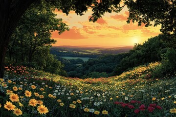 A vibrant sunset illuminates a floral meadow overlooking lush green hills