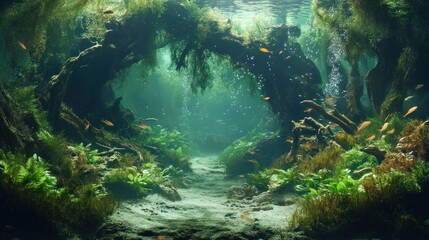 Fototapeta premium Underwater Aquascape Fish swim through lush, submerged forest; background bubbles, peaceful scene, ideal for aquarium design
