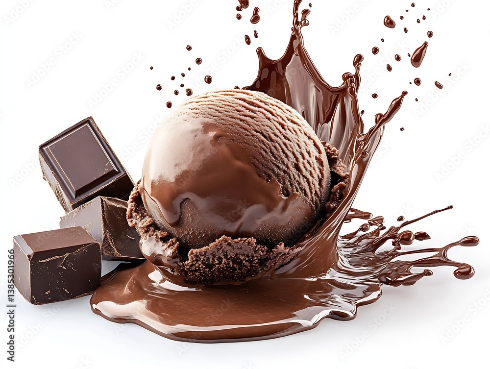 Poster delicious chocolate ice cream with rich chocolate sauce and chocolate squares in a splashing view : 