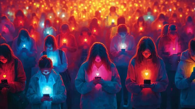 Cell phone addiction concept. Many teens hold smart device. Social media like obsession. Online communication problem. People watch mobile gadget screen. Art illustration. Cyberspace internet network.