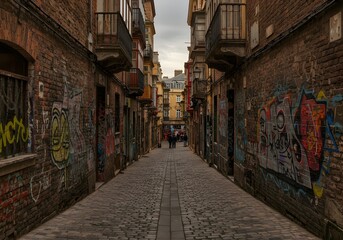 Fototapeta premium Atmospheric Urban Alleyway Historic Brick Buildings, Graffiti Art, Cobblestone Street, People Walking