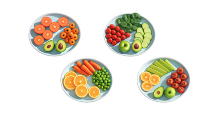 A vibrant collection of fresh fruits and vegetables artfully arranged on pastel blue plates, showcasing a healthy and delicious meal prep, bathed in bright sunlight.