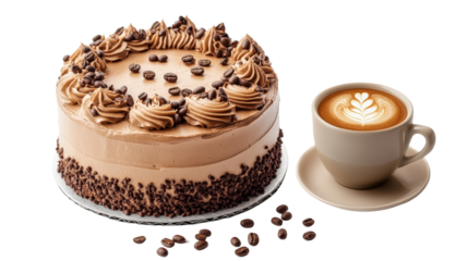 A beautifully decorated chocolate cake with coffee beans sprinkled on top, served alongside a cup of espresso,