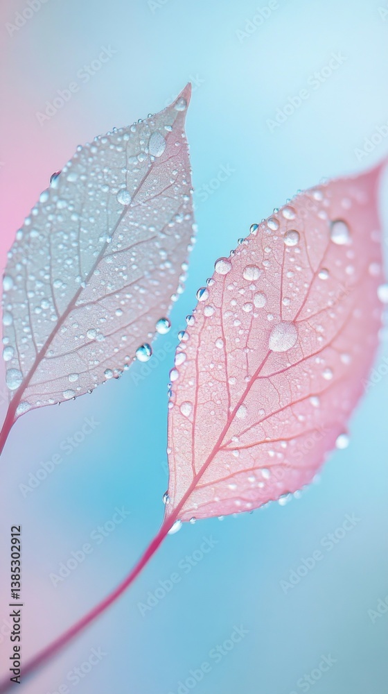 Poster soft pastel hues create a serene backdrop as two translucent leaves display vibrant droplets, captur