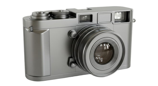 Isolated Silver Camera with Lens for Photography Enthusiasts