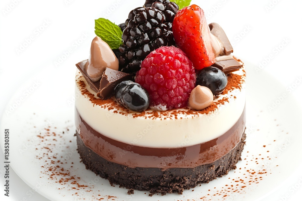 Poster Elegant Chocolate Cheesecake with Layers of Creamy Texture and Garnished with Fresh Berries for Enjoyment : Generative AI