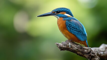 Fototapeta premium Kingfisher perched on branch, vibrant colors, blurred background, nature scene, wildlife photography