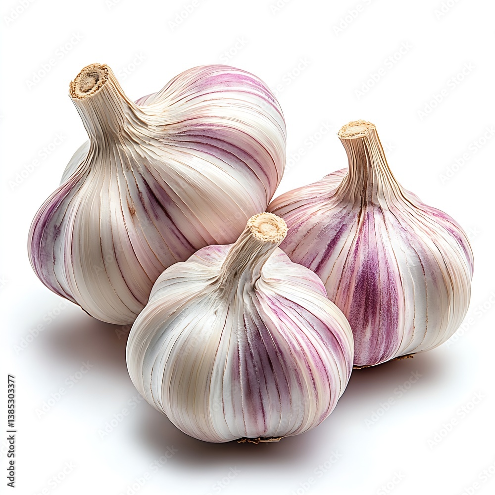 Poster aromatic garlic heads with attractive purple patterns, ideal for enhancing flavor in various recipes