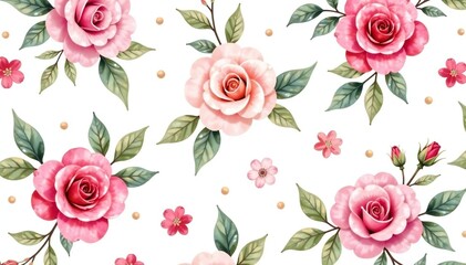 Delicate watercolor roses, leaves, seamless repeat, pattern, design, blossom