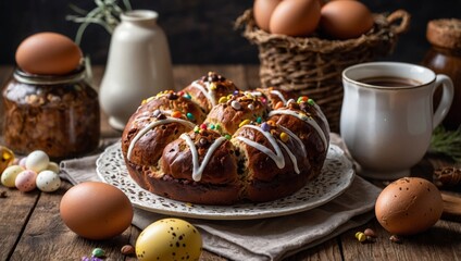 Easter bread with icing and colorful candy, surrounded by eggs and coffee, arranged on a rustic wooden table