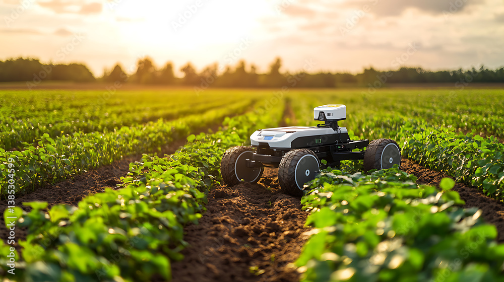 Poster an ai powered robot conducting advanced precision farming for soil analysis, farm field with real-ti