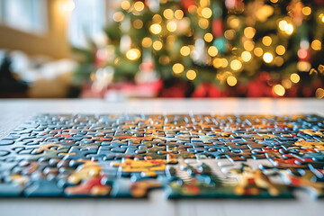 Obraz premium Festive Christmas Jigsaw Puzzle with a Christmas tree in background