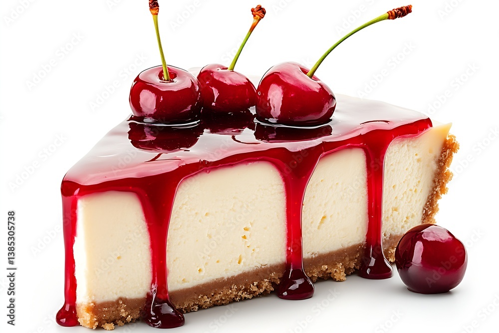 Poster tempting cherry cheesecake slice dripping with cherry sauce and garnished with fresh cherries : gene