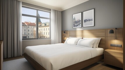 Hotel room with city view, comfortable bed, and modern decor, interior design