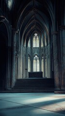Fototapeta premium a gothic church interior with a stone altar and stained glass windows 