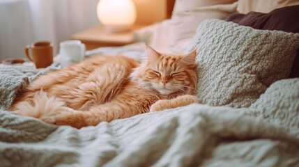 Obraz premium Ginger cat sleeping peacefully on a bed