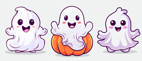 Cute kawaii Halloween ghost characters for holiday celebration , funny happy ghosts with pumpkin , vector illustration design.