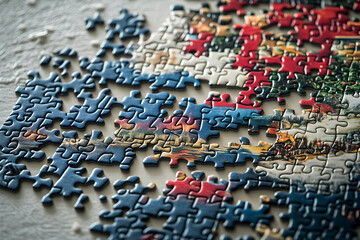 Intricate close-up of a partially completed jigsaw puzzle with holiday images