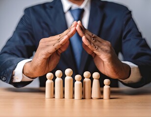 Businessman covering wooden figures of people. Employer commitment to protecting the human rights, labor rights, and providing support and insurance to employees within the community