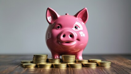 pink piggy bank stands on stacks of coins