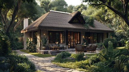 Tropical thatched-roof house, jungle setting, patio furniture, sunset, vacation rental